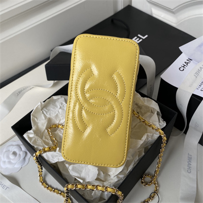 Cha.nel Vanity Case Top Handle With Chain Shiny Crumpled Lambskin, Imitation Pearls & Gold-Tone Metal Yellow AP3804