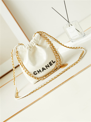 Cha.nel 22 Mini Handbag Shiny Calfskin Gold Tone Metal White With Black Letters AS3980
