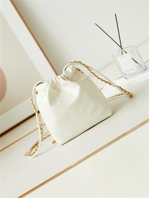 Cha.nel 22 Mini Handbag Shiny Calfskin Gold Tone Metal White With Black Letters AS3980