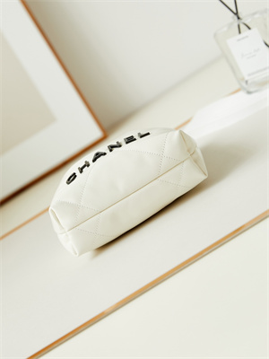 Cha.nel 22 Mini Handbag Shiny Calfskin Gold Tone Metal White With Black Letters AS3980