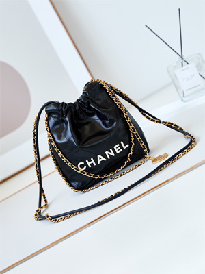 Cha.nel 22 Mini Handbag Shiny Calfskin Gold Tone Metal Black With White Letters AS3980