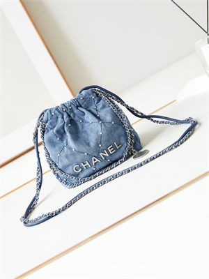 Cha.nel 22 Mini Handbag Washed Denim Silver-Tone Metal Blue AS3980