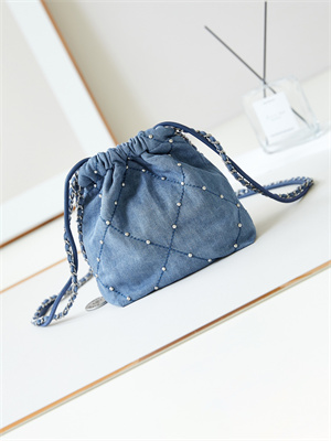 Cha.nel 22 Mini Handbag Washed Denim Silver-Tone Metal Blue AS3980