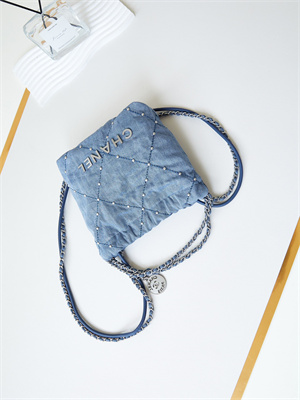 Cha.nel 22 Mini Handbag Washed Denim Silver-Tone Metal Blue AS3980