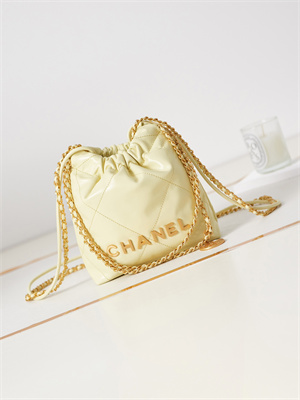Cha.nel 22 Mini Handbag Shiny Calfskin Gold Tone Metal Yellow AS3980