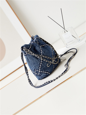Cha.nel 22 Mini Handbag Stitched Denim Silver Tone Metal Blue AS3980