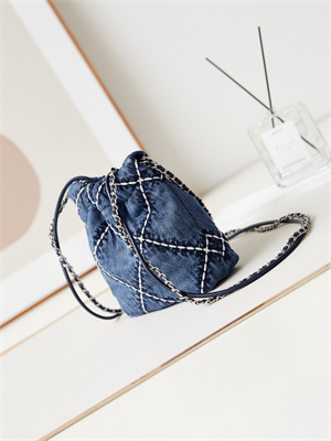 Cha.nel 22 Mini Handbag Stitched Denim Silver Tone Metal Blue AS3980