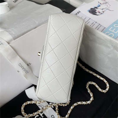 Cha.nel Mini Flap Bag With Diamond Top Handle Lambskin Gold Tone Metal White AS4140