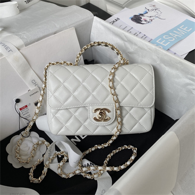 Cha.nel Mini Flap Bag With Diamond Top Handle Lambskin Gold Tone Metal White AS4140