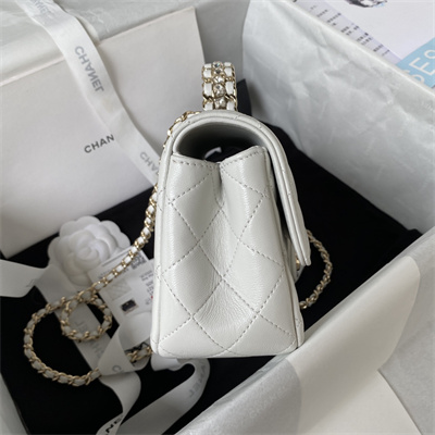 Cha.nel Small Flap Bag With Diamond Top Handle Lambskin Gold Tone Metal White AS4141