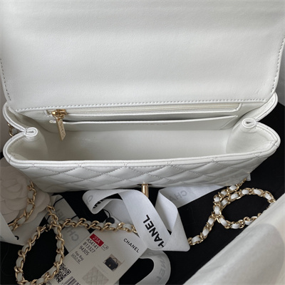 Cha.nel Small Flap Bag With Diamond Top Handle Lambskin Gold Tone Metal White AS4141