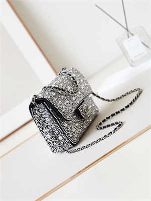 Chanel Mini Flap Bag Satin, Strass & Silver-Tone Metal Silver AS4142