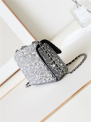 Chanel Mini Flap Bag Satin, Strass & Silver-Tone Metal Silver AS4142
