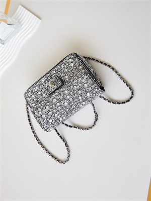 Chanel Mini Flap Bag Satin, Strass & Silver-Tone Metal Silver AS4142