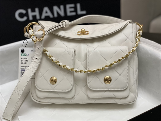 Chanel Hobo Handbag Shiny calfskin Gold Tone Metal White AS4743