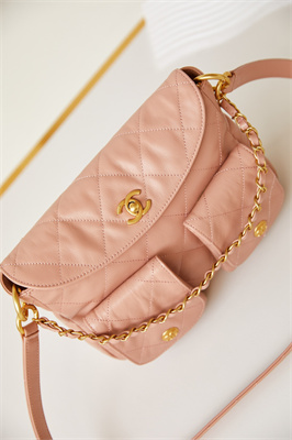 Chanel Hobo Handbag Shiny calfskin Gold Tone Metal Pink AS4743