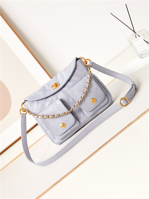 Chanel Hobo Handbag Shiny calfskin Gold Tone Metal Blue AS4743