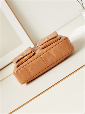 Chanel Large Hobo Handbag Shiny calfskin Gold Tone Metal Brown AS4668