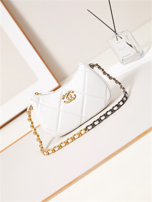 CHANEL 19 CLUTCH WITH CHAIN Shiny Lambskin, Gold-Tone, Silver-Tone & Ruthenium-Finish Metal White AP3763