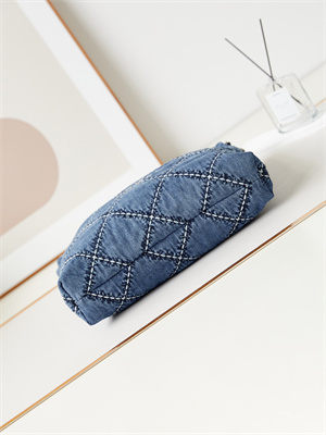 Cha.nel 22 Small Handbag Stitched Denim Silver Tone Metal Blue AS3260