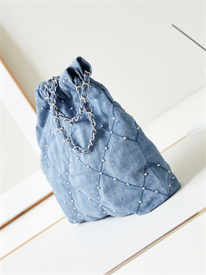 Cha.nel 22 Small Handbag Washed Denim Blue Silver Tone Metal AS3260