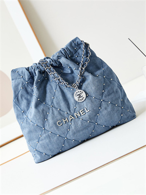 Cha.nel 22 Medium Handbag Washed Denim Blue Silver Tone Metal AS3261