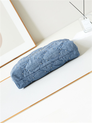 Cha.nel 22 Medium Handbag Washed Denim Blue Silver Tone Metal AS3261