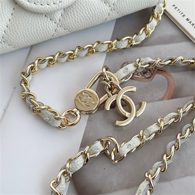 Chanel Belt bag With Chain Grained Calfskin Gold Tone Metal White Color A81081