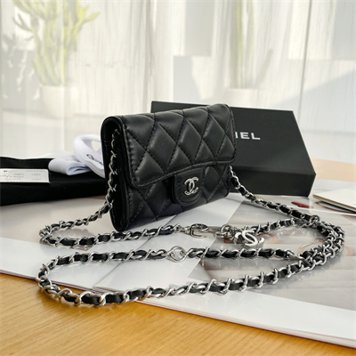 Chanel Belt bag With Chain Lambskin Silver Tone Metal Black Color A81081