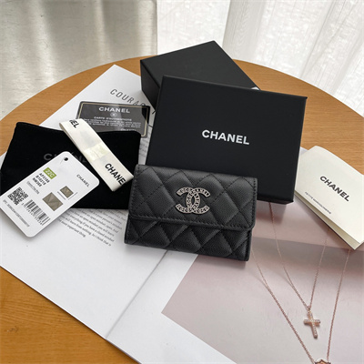 Chanel Wallet Grained Calfskin Silver Tone Metal Black AP3832