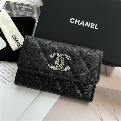 Chanel Wallet Grained Calfskin Silver Tone Metal Black AP3832