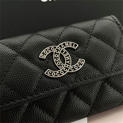 Chanel Wallet Grained Calfskin Silver Tone Metal Black AP3832