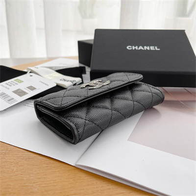 Chanel Wallet Grained Calfskin Silver Tone Metal Black AP3832