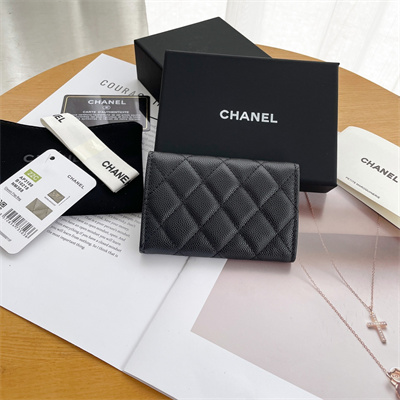 Chanel Wallet Grained Calfskin Silver Tone Metal Black AP3832