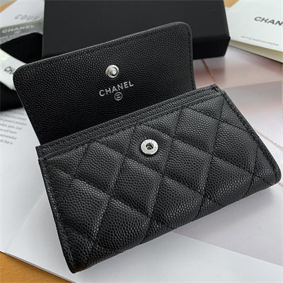 Chanel Wallet Grained Calfskin Silver Tone Metal Black AP3832