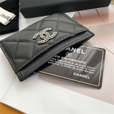 Chanel Card Holder Grained Calfskin Silver Tone Metal Black AP3837