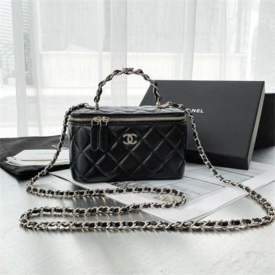Chanel Vanity Case With Chain Lambskin Gold Tone Metal Black AP3333