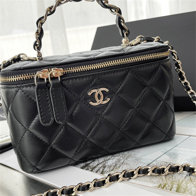 Chanel Vanity Case With Chain Lambskin Gold Tone Metal Black AP3333