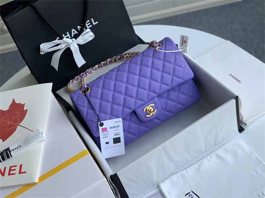 Chanel Medium Classic Flap Bag Grained Calfskin Gold Tone Metal Purple 01112