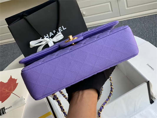 Chanel Medium Classic Flap Bag Grained Calfskin Gold Tone Metal Purple 01112