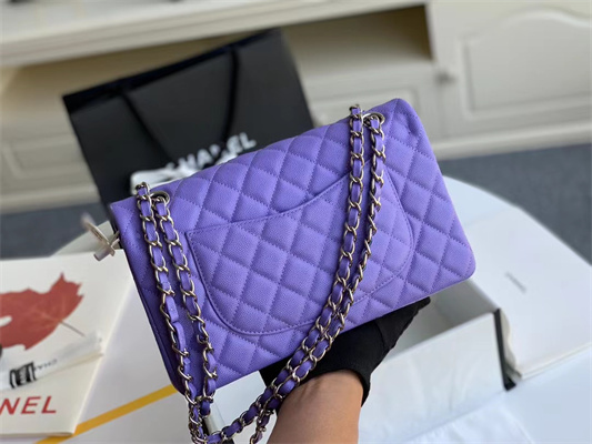 Chanel Medium Classic Flap Bag Grained Calfskin Silver Tone Metal Purple 01112