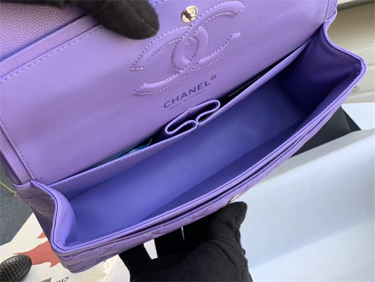 Chanel Medium Classic Flap Bag Grained Calfskin Silver Tone Metal Purple 01112