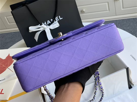 Chanel Medium Classic Flap Bag Grained Calfskin Silver Tone Metal Purple 01112