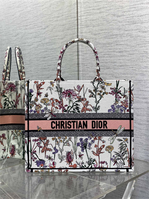 CD Large Book Tote White Multicolor Dior Herbarium Embroidery