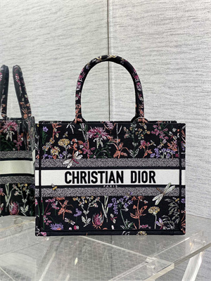 CD Medium Book Tote Black Multicolor Dior Herbarium Embroidery