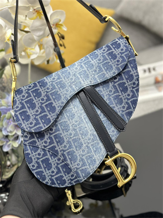 CD Saddle Bag With Strap Blue Denim Dior Oblique Jacquard