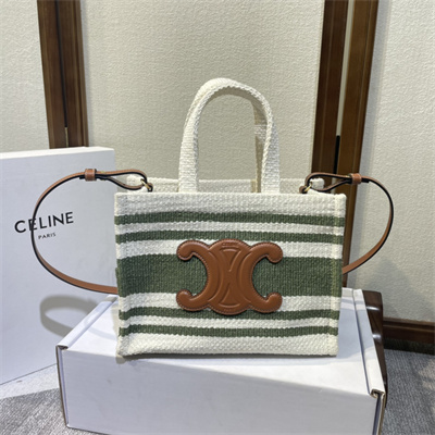 Celine Small Cabas Thais In Striped Textile With Calfskin White/Green