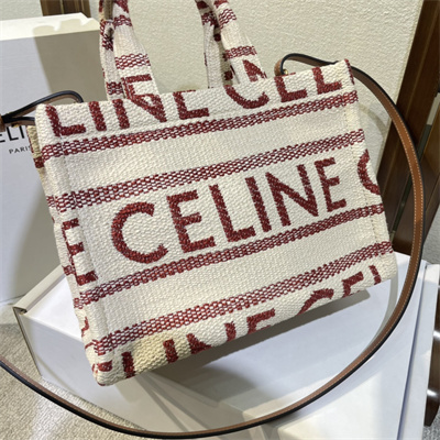 Celine Small Cabas Thais In Textile With Celine Jacquard And Calfskin White/Red