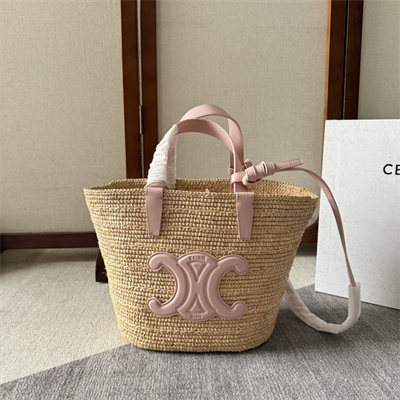 Celine Teen Supple Classic Panier In Raffia and Calfskin Pink