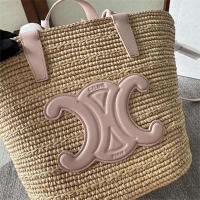 Celine Teen Supple Classic Panier In Raffia and Calfskin Pink